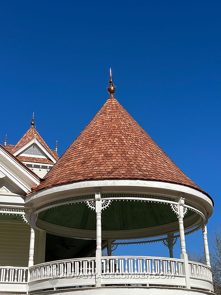 Newly installed wallaba roofing shingles on a gazebo.